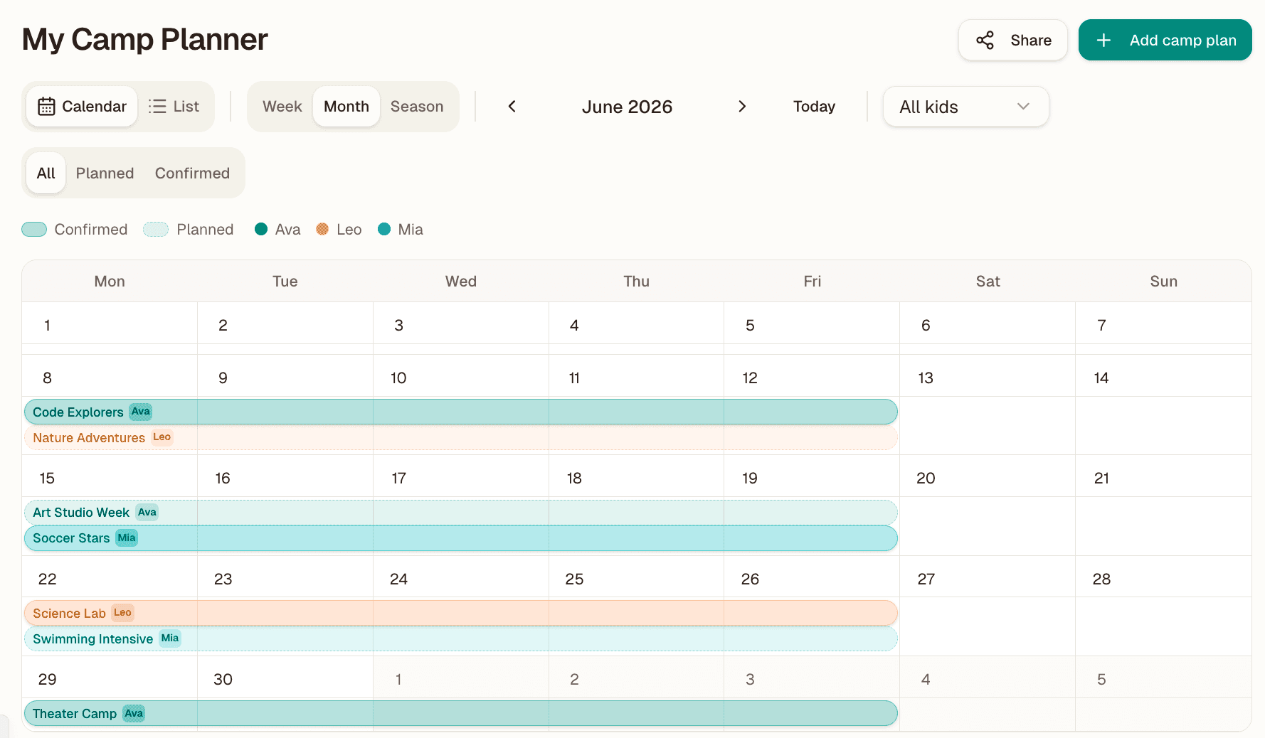 Screenshot of the Camp Planner calendar view